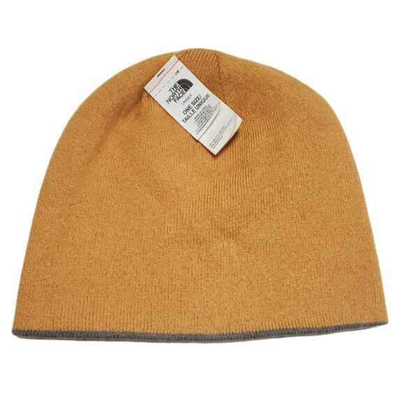 The North Face Beanie Hat Wool Blend Orange Grey Knit Logo Spell Out Winter Cap - Picture 6 of 9